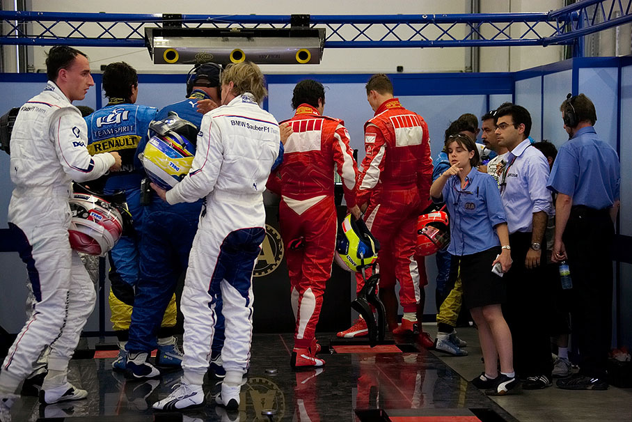 After qualification session drivers are getting in line in front of the FIA calibrated scales