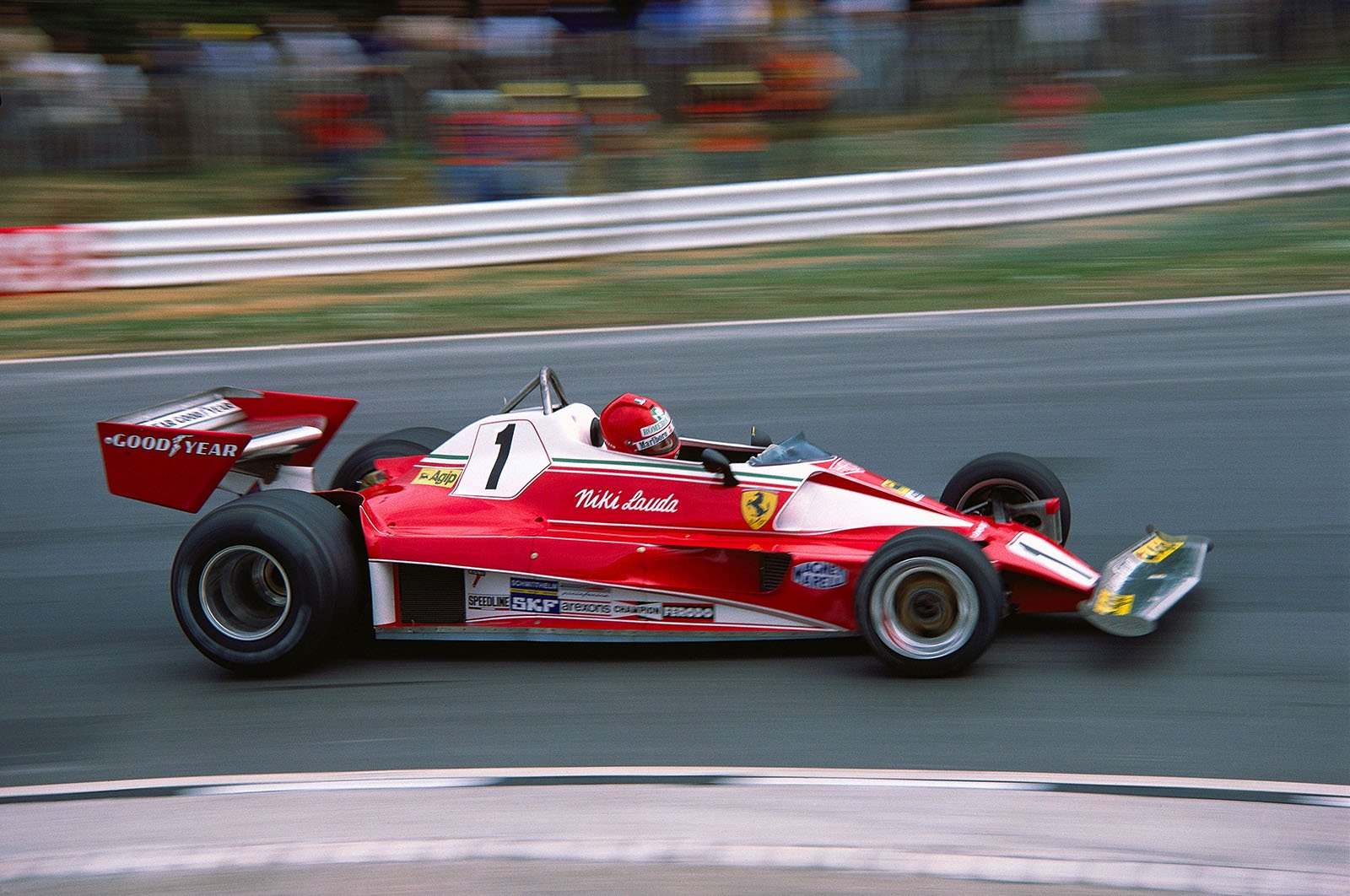 Austrian Ferrari driver Niki Lauda, drifts through Druids Bend