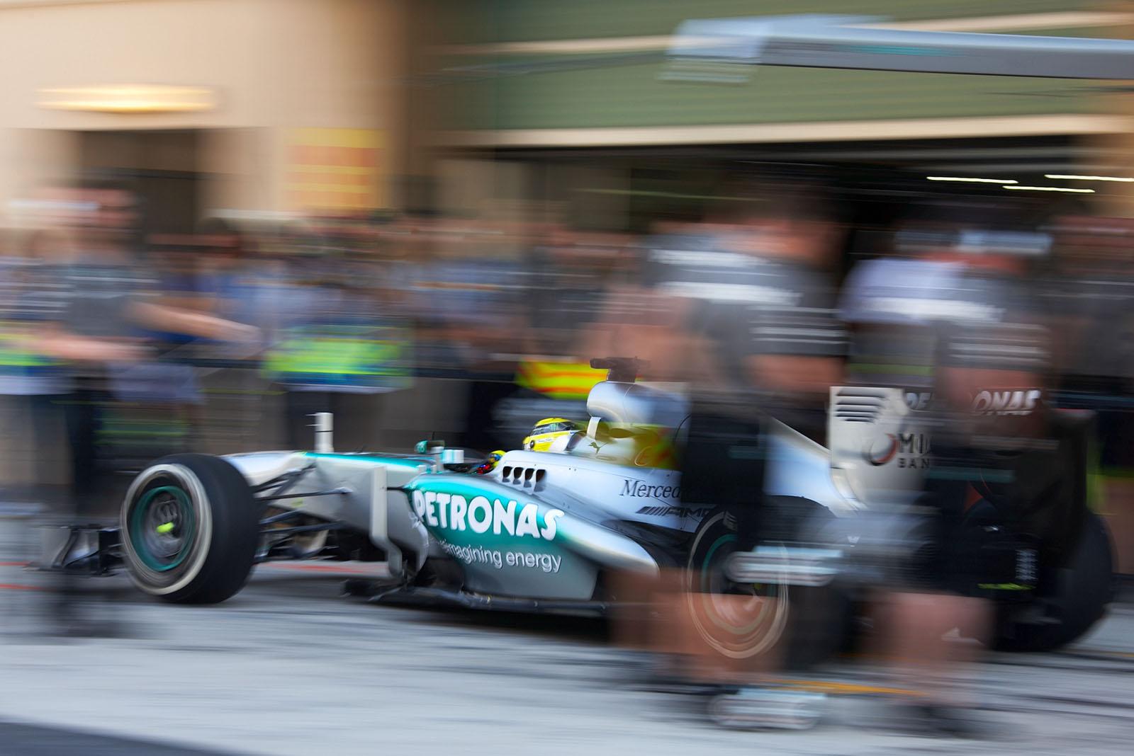 Nico Rosberg, Mercedes, making a pit stop during Saturday's practice session