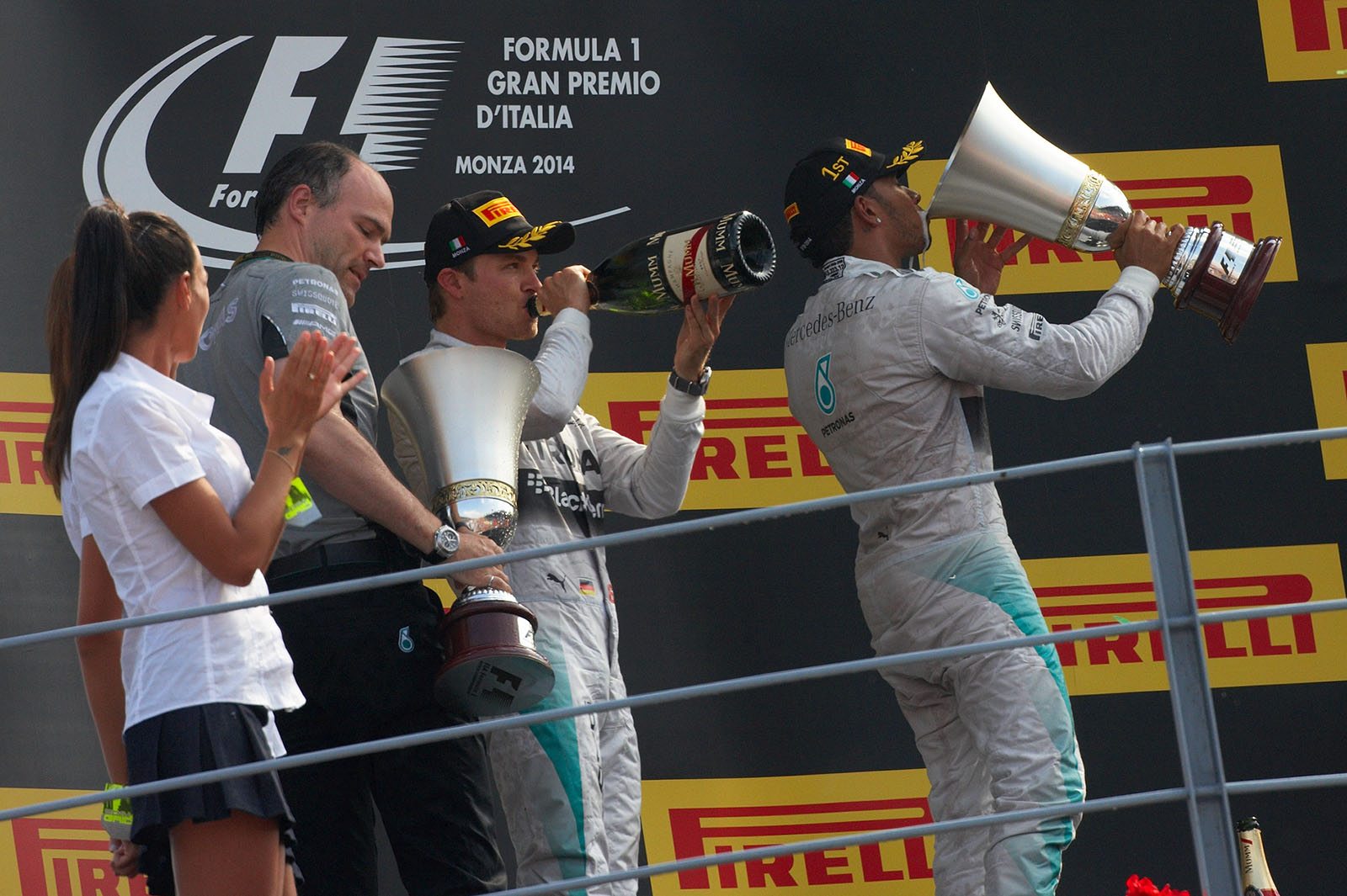 Mercedes drivers Nico Rosberg and Lewis Hamilton celebrate another 1-2 for the German Team, Italian Grand Prix, Monza, 2014