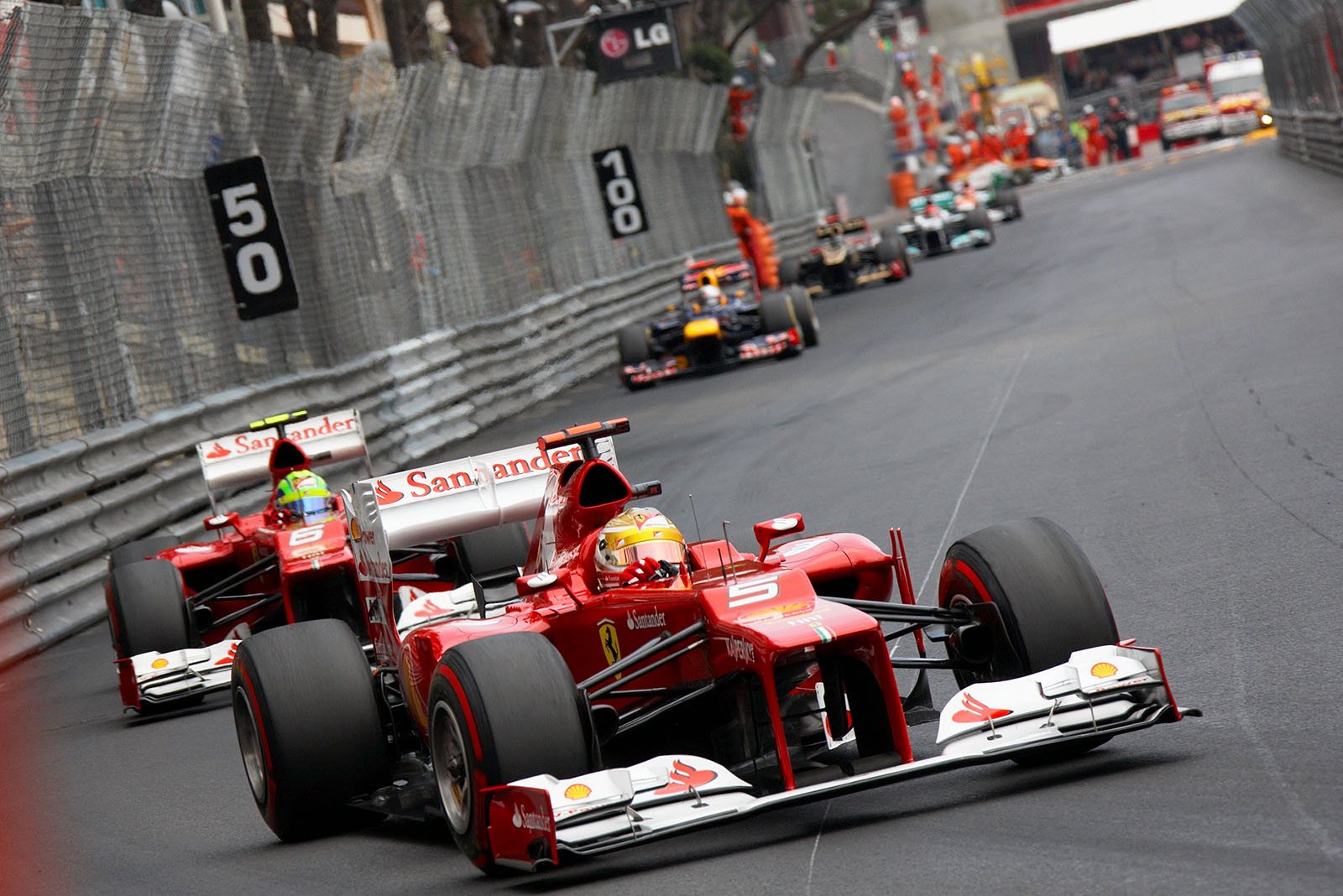 Fernando Alonso and Felipe Massa in the Ferrari race cars