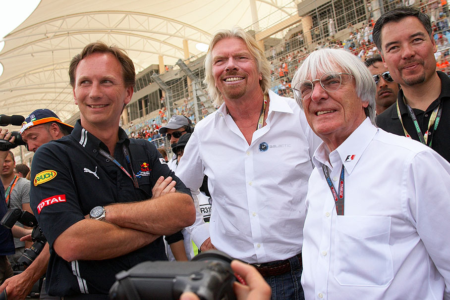 Presentation watchers on the grid Christian Horner, Richard Branson and Bernie Ecclestone