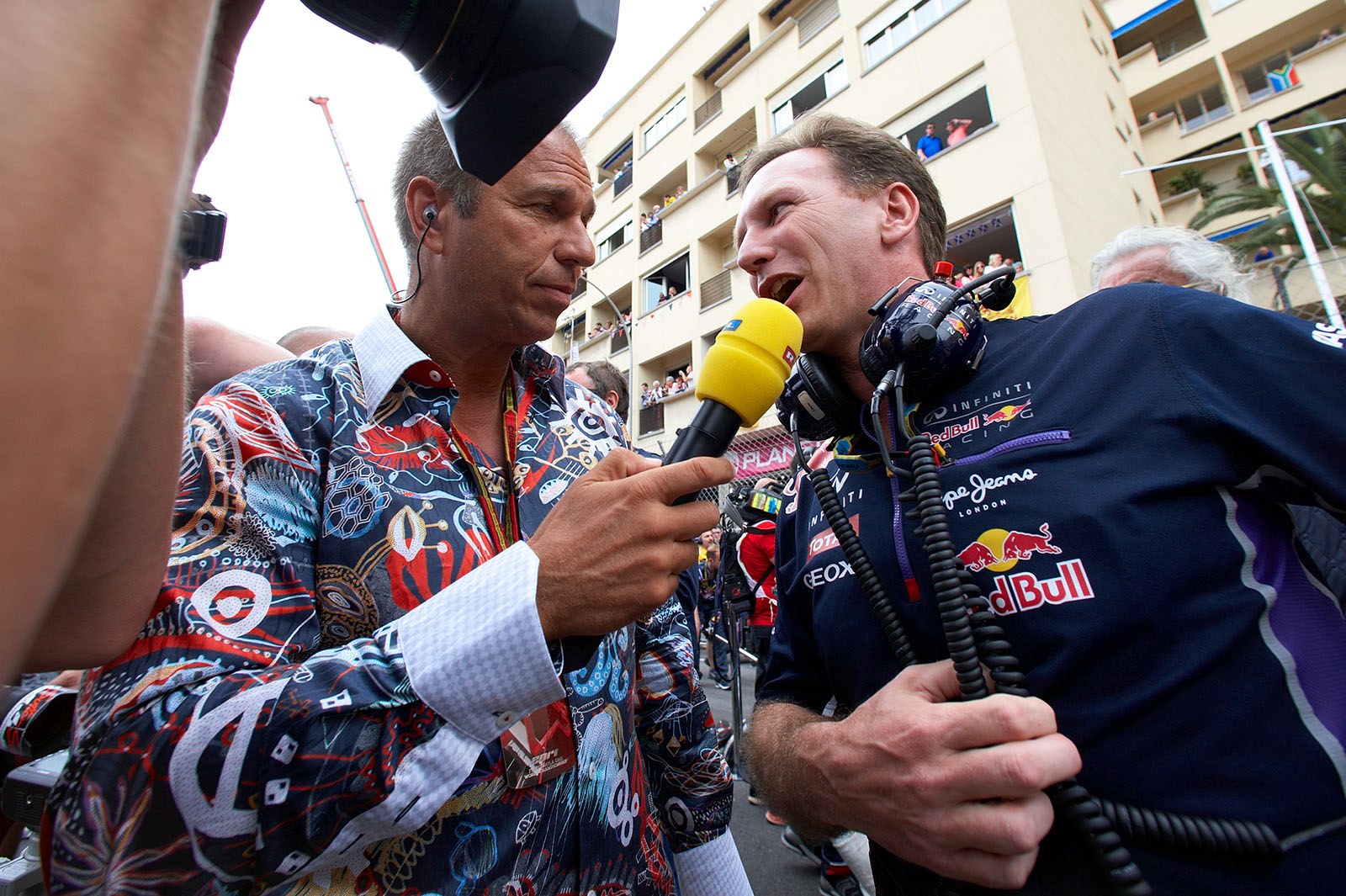 Christian Horner, Red Bull, and Kai Ebel of RTL Television, Monaco Grand Prix, 2014