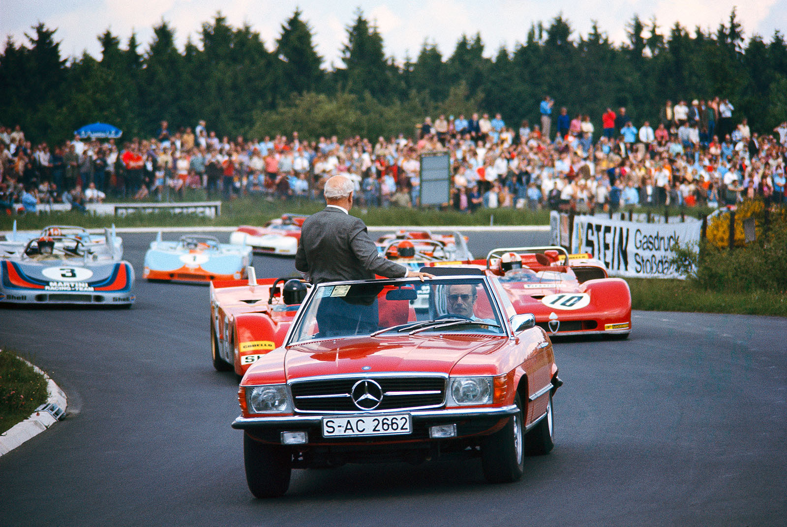A Mercedes leads the formation lap before the start