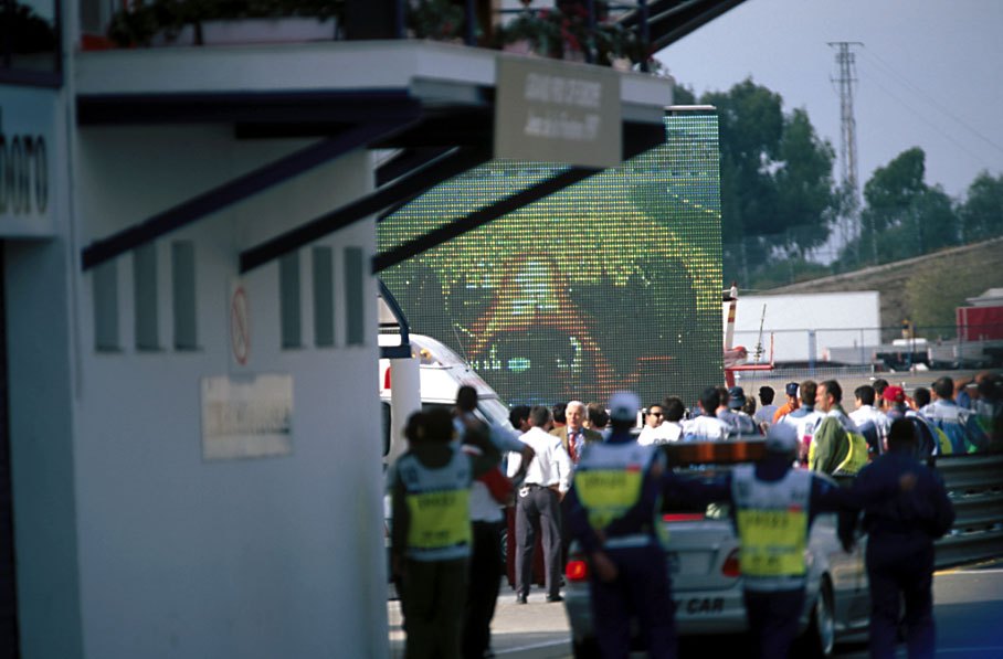Michael Schumacher's deliberate crash captured on TV screen.