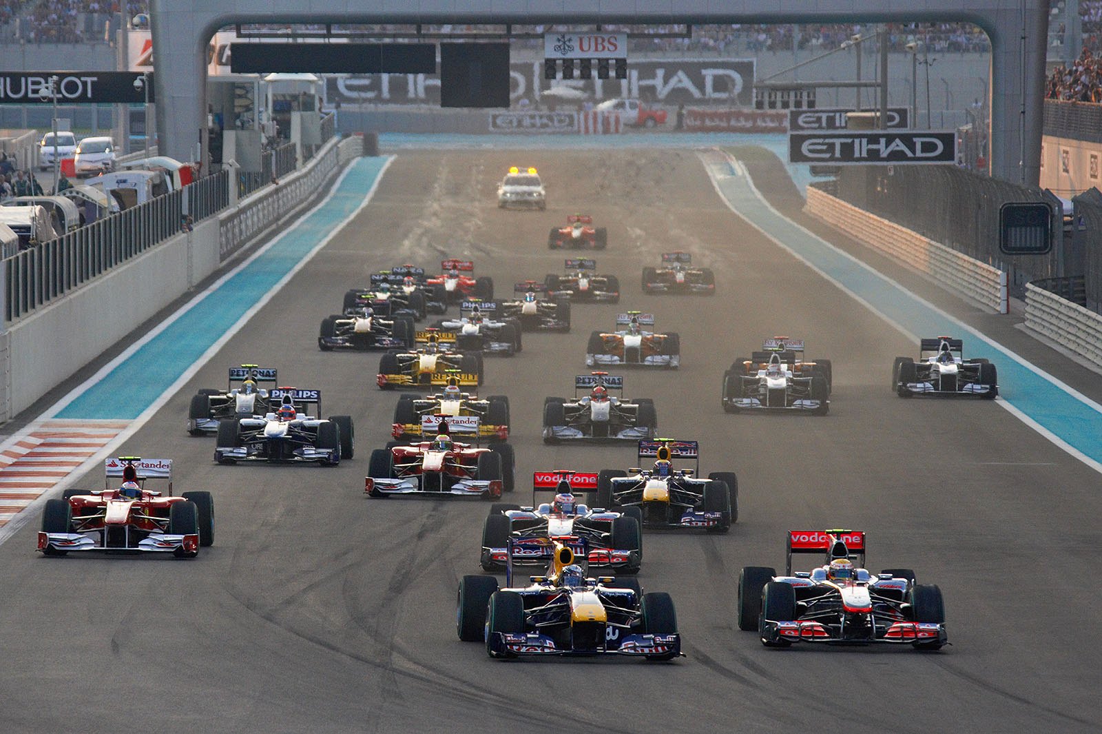 The start, Vettel in front with the McLarens behind