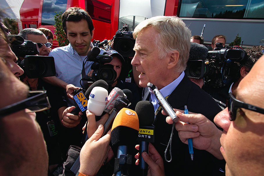 FIA president Max Mosley gives a statement in front of the Ferrari media motorhome after McLaren have been excluded from the 2007 constructors’ championship