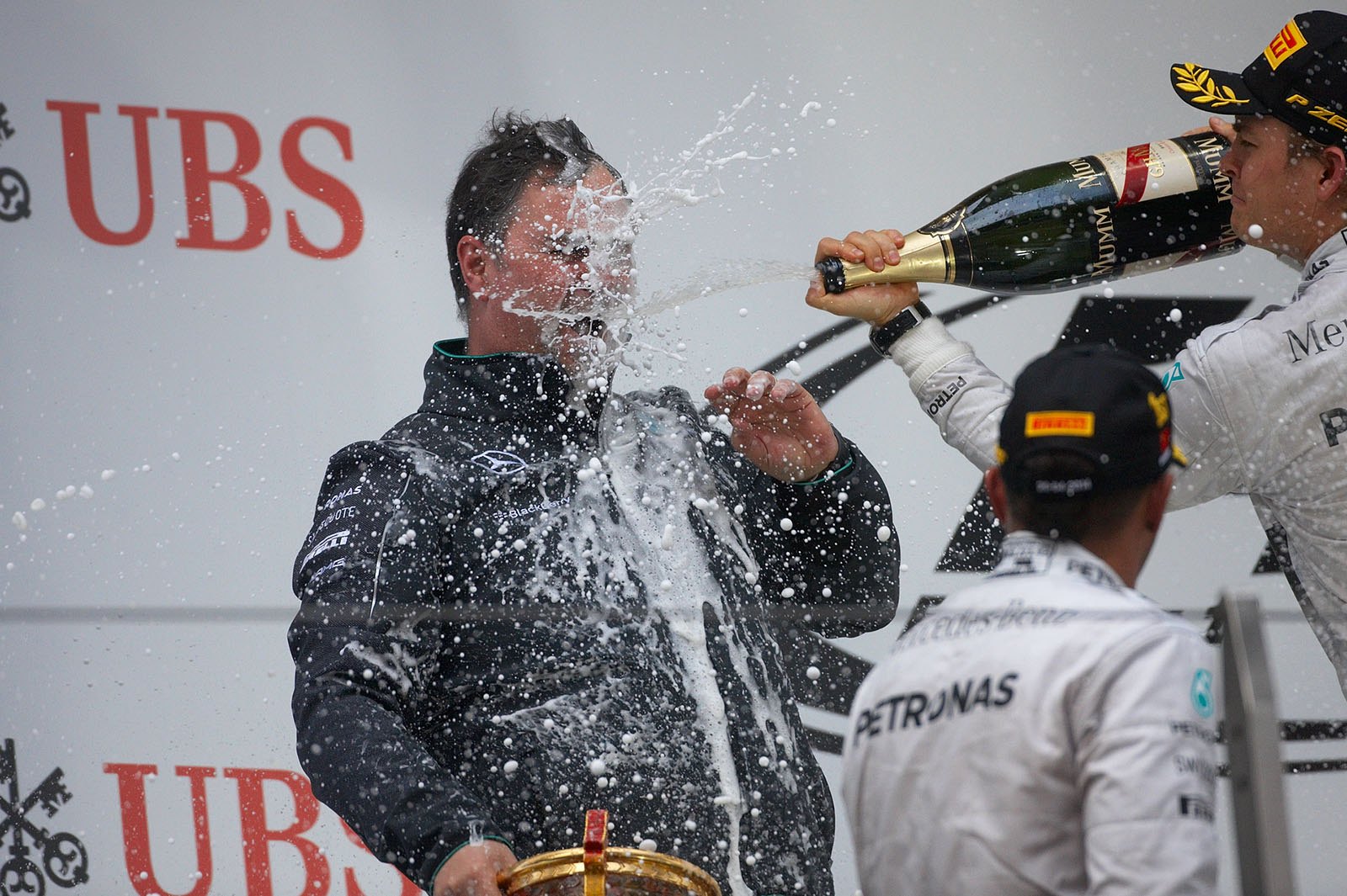 Champagne shower for Mercedes sporting director Ron Meadows, Shanghai, Chinese Grand Prix, 2014