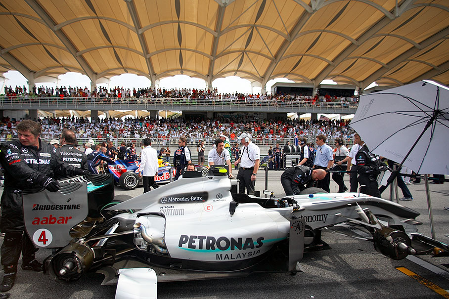 Nico Rosberg's Mercedes sits on an unexpected second grid place whilst Webber's Red Bull-Renault is being pushed to pole position