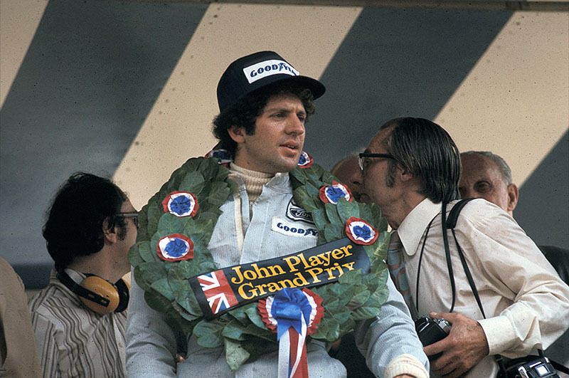 Race winner Jody Scheckter on podium, British GP Brands Hatch 1974