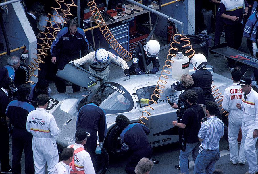 Pit stop and driver exchange of car #63 Sauber C9 - Mercedes Benz driven by Jochen Mass (D), Manuel Reuter (D) and Stanley Dickens (S)