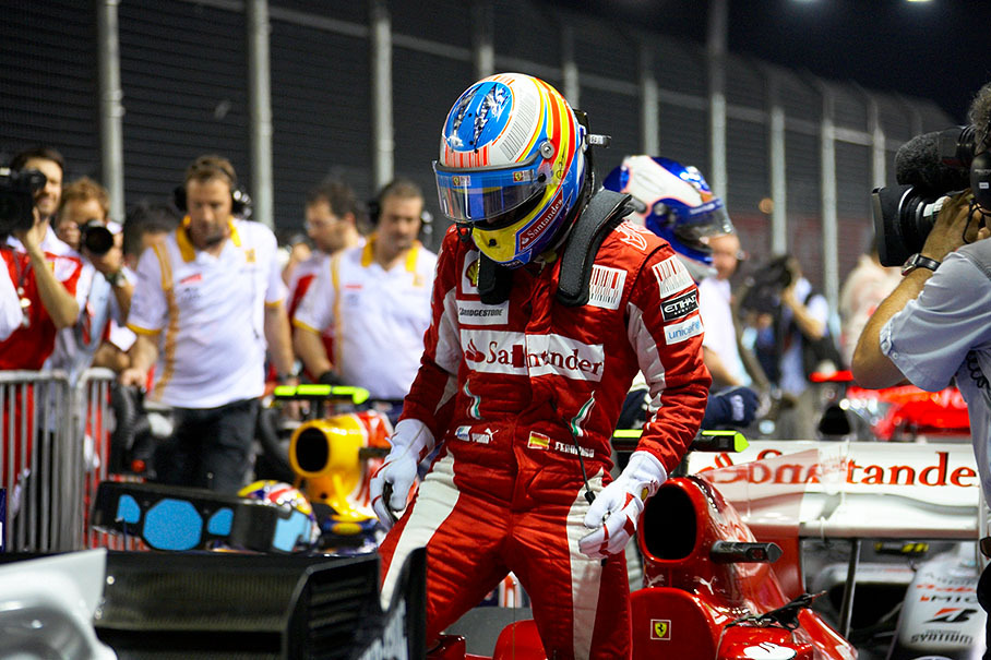 Polesitter Fernando Alonso, Ferrari, in parc ferme after Q3