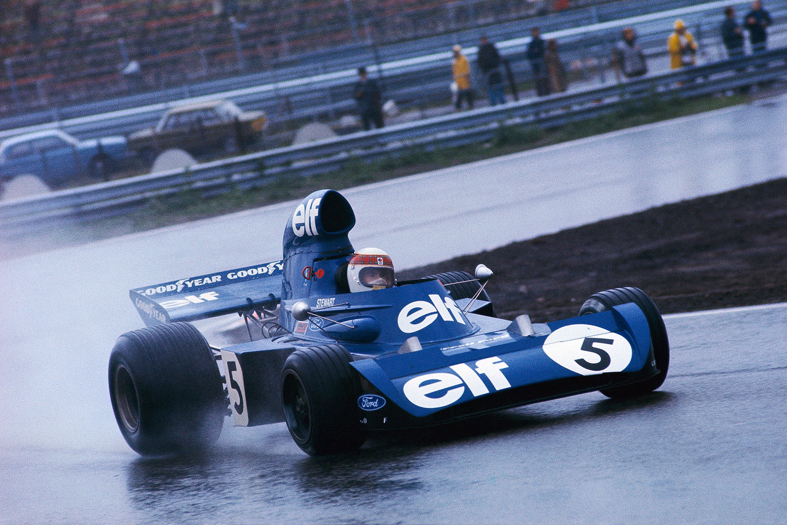 Jackie Stewart in his Tyrrell during rainy practice, Dutch Grand Prix, Zandvoort, 1973