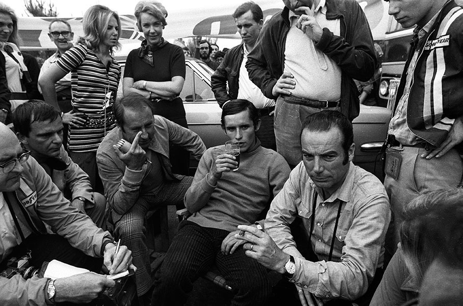 Jacky Ickx and Bernard Cahier during an interview. The shorthaired blonde lady behind is Bernard wife Joan, the mother of Paul-Henri Cahier