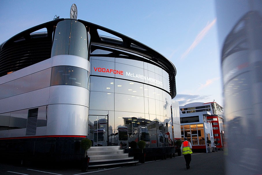 The Vodafone McLaren Mercedes motorhome in the evening
