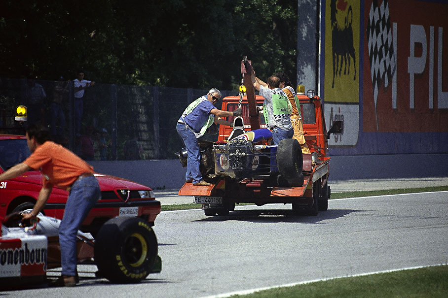Wreckage of Senna's Williams-Renault towed away from the scene of Senna's fatal accident in Tamburello corner.