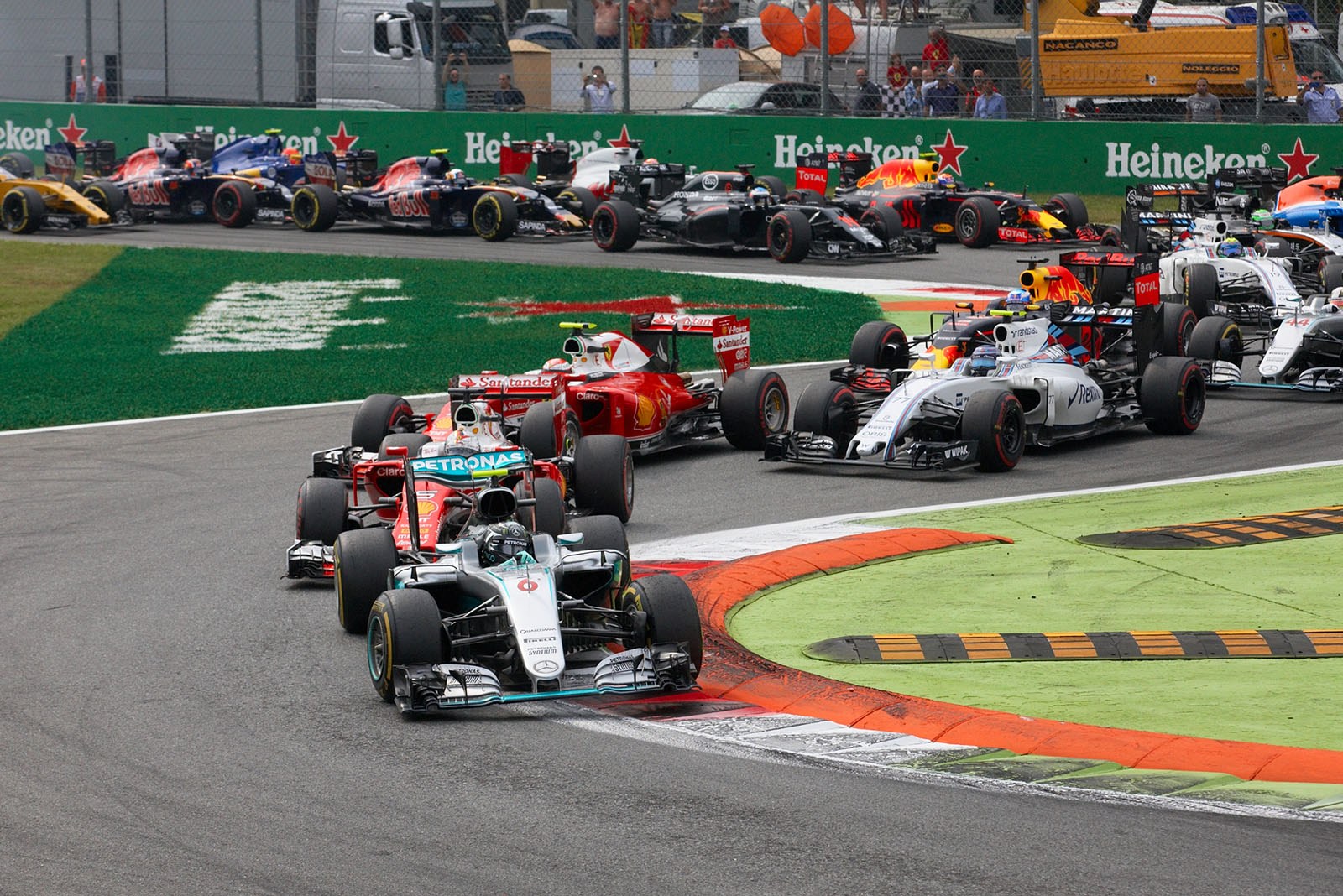 Nico Rosberg, Mercedes, leads Vettel in the first Ferrari, Raikkonen takes 3rd position ahead of Bottas, Ricciardo and Hamilton, Monza, Italian Grand Prix, 2016