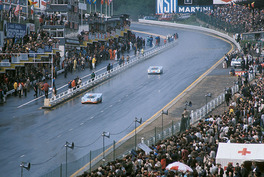 The winning Porsche 917K 0014 driven by Jo Siffert (CH) and Brian Redman (GB), car no. 25 the Porsche 917K 004/017 of Pedro Rodriguez (MEX) and Leo Kinnunen (SF) retires after 44 laps