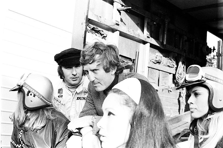 Jackie Stewart and Jochen Rindt introduce Lotus Formula 2 team's new sponsor BP during the German GP