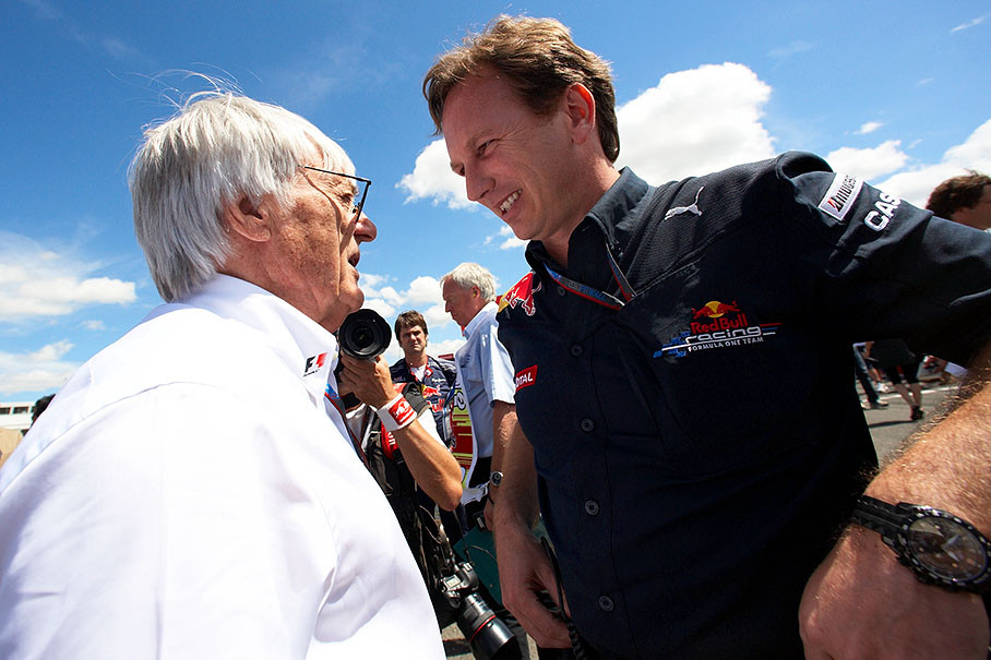 Bernie Ecclestone talks with Red Bull team principal Christian Horner