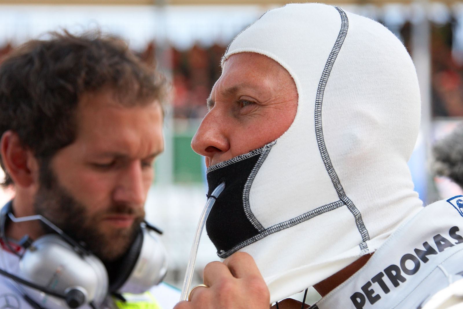 Michael Schumacher prepares fore the race on the grid
