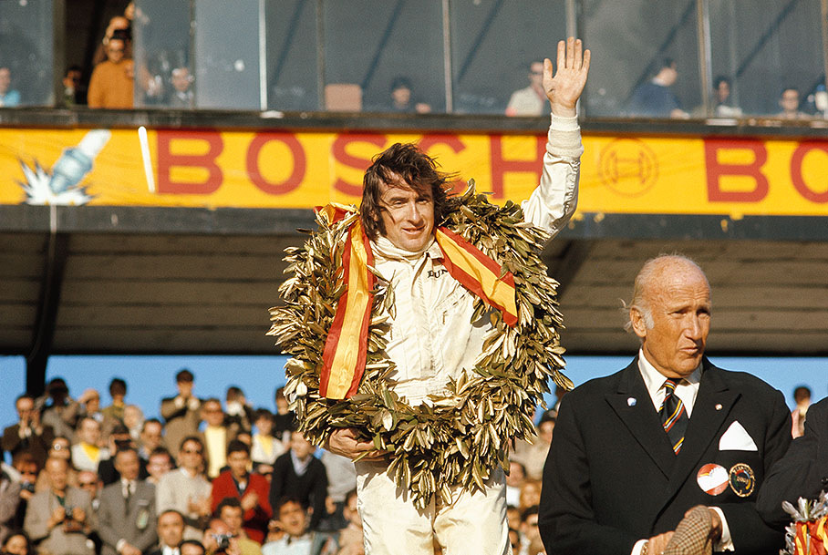 Grand Prix winner Jackie Stewart at Jarama podium