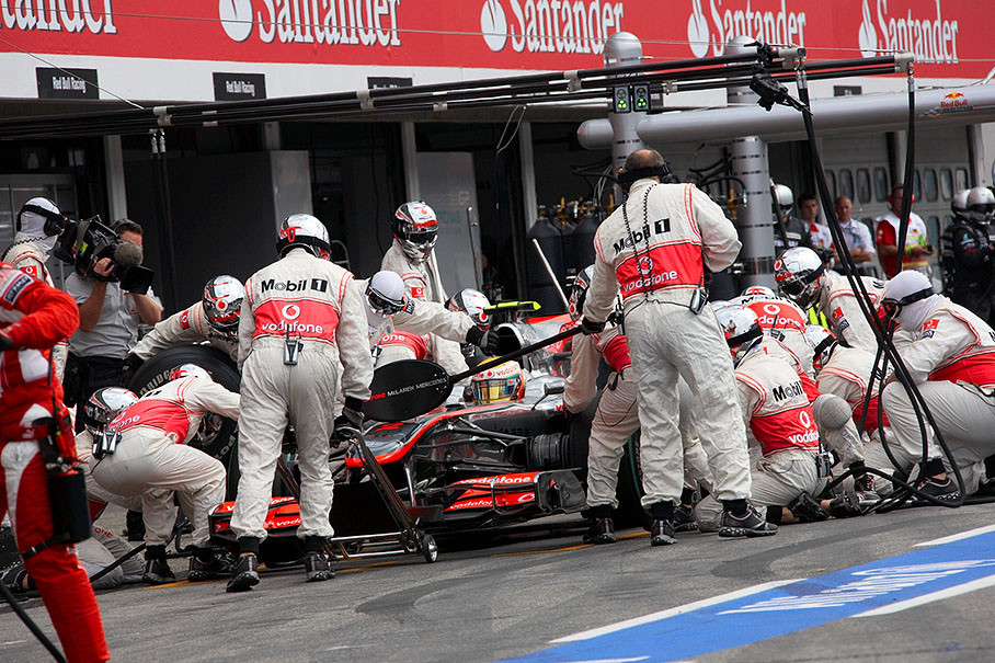Lewis Hamilton stops at McLaren Mercedes pits