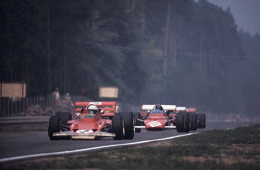 Race winner Jochen Rindt on Lotus-Cosworth 72C in front of second placed Jacky Ickx on a Ferrari 312B, Hulme and Fittipaldi