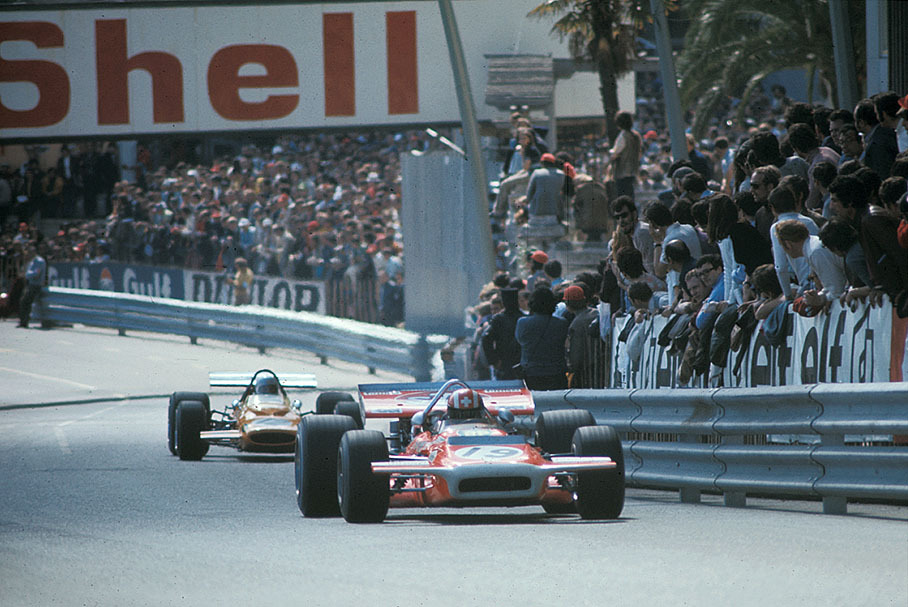 Jo Siffert on March-Cosworth 701 in front of Bruce McLaren's McLaren-Cosworth M14A during the Monaco GP 1970
