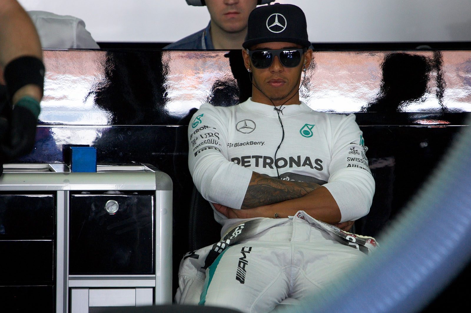 Hamilton waiting in the pits