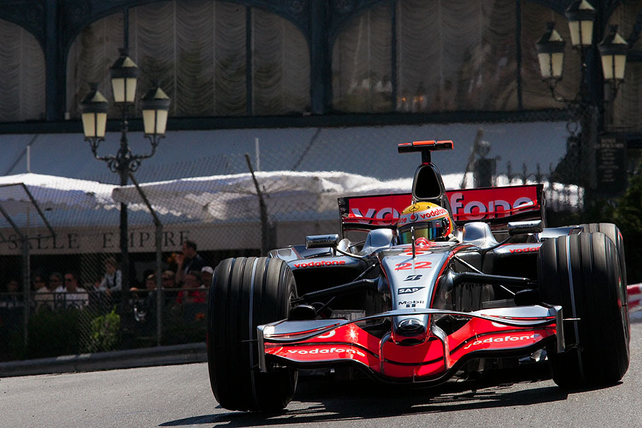 Lewis Hamilton lifts a wheel of his McLaren Mercedes at Casino