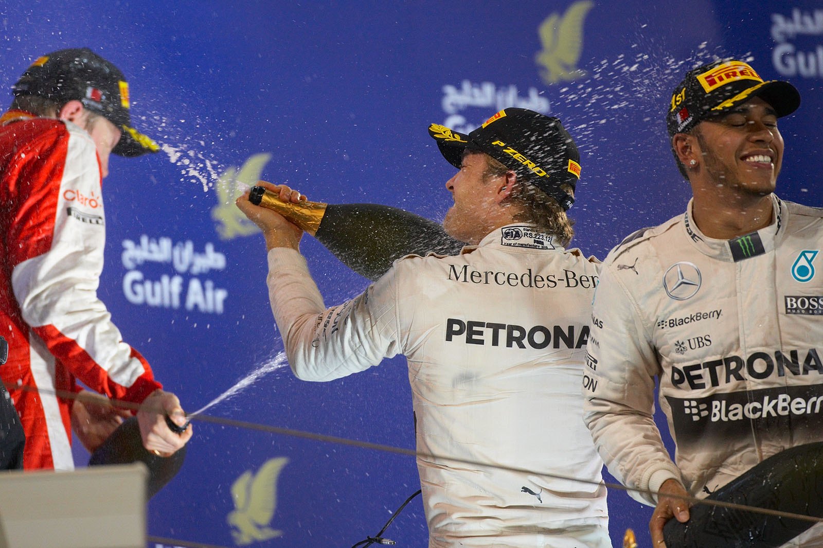 Champagne replacement on the podium for Raikkonen, Rosberg and Hamilton, Bahrain Grand Prix, 2015