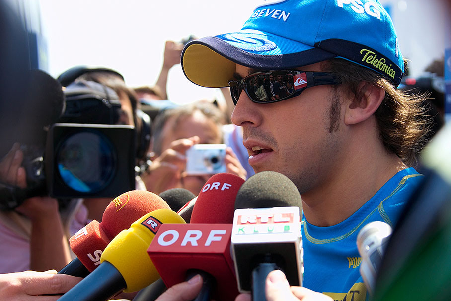 Local hero Fernando Alonso surrounded by press representatives on Saturday afternoon