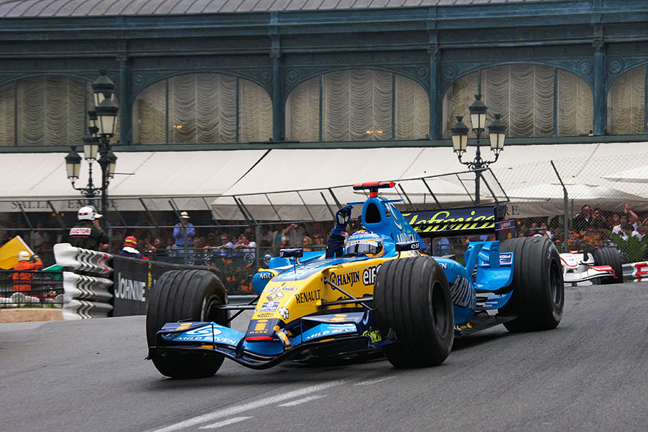 Victorious Renault driver Fernando Alonso waving to the spectators