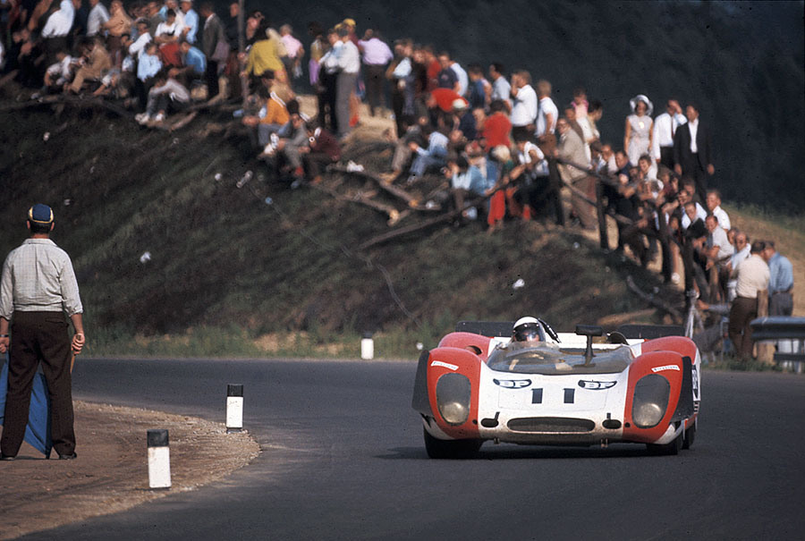 Porsche 908/2 001 driven by Masten Gregory and Richard Brostron, winner in the P3 class (fourth overall)