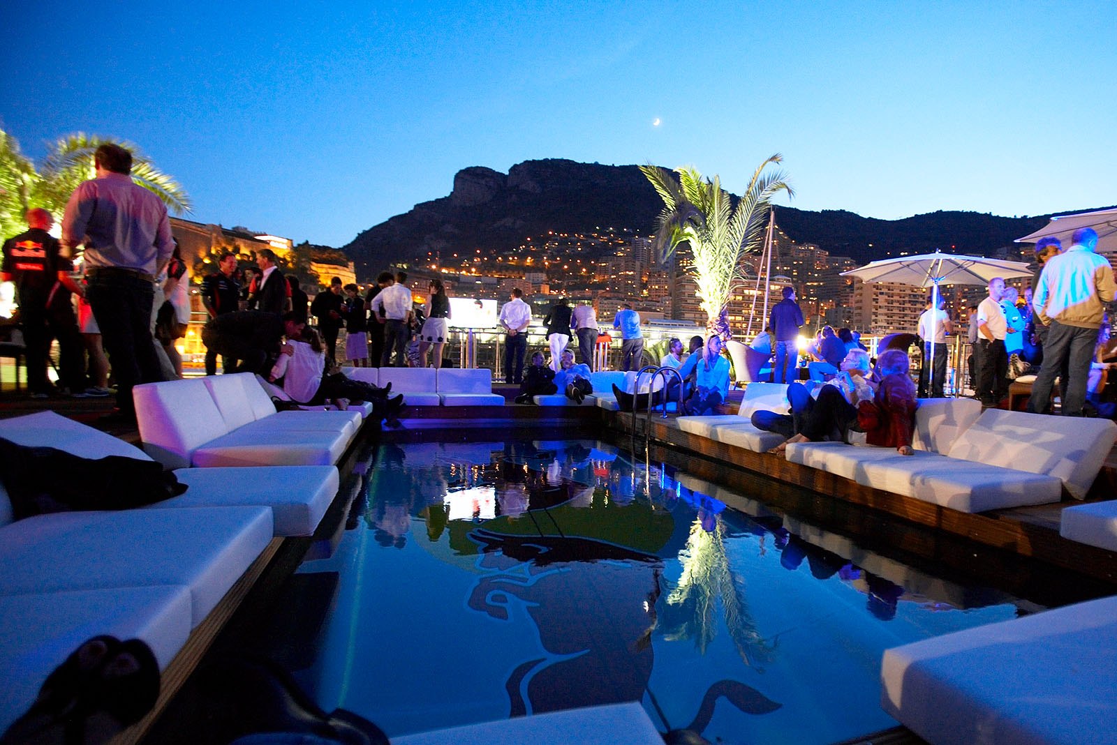 Media party on top of the Red Bull Energy Station, situated on a pontoon in the harbour, with a great view at Monaco's skyline