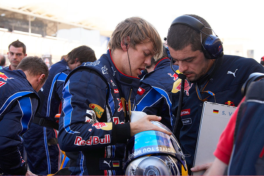 Sebastian Vettel with Guillaume Rocquelin, Red Bull Racing race engineer