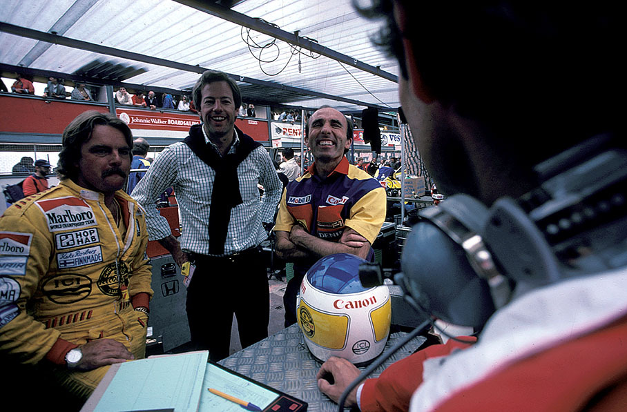 Mark Thatcher, Paris-Dakar Rally driver and the only son of Margaret and Denis Thatcher, jokes around with Keke Rosberg and Frank Williams