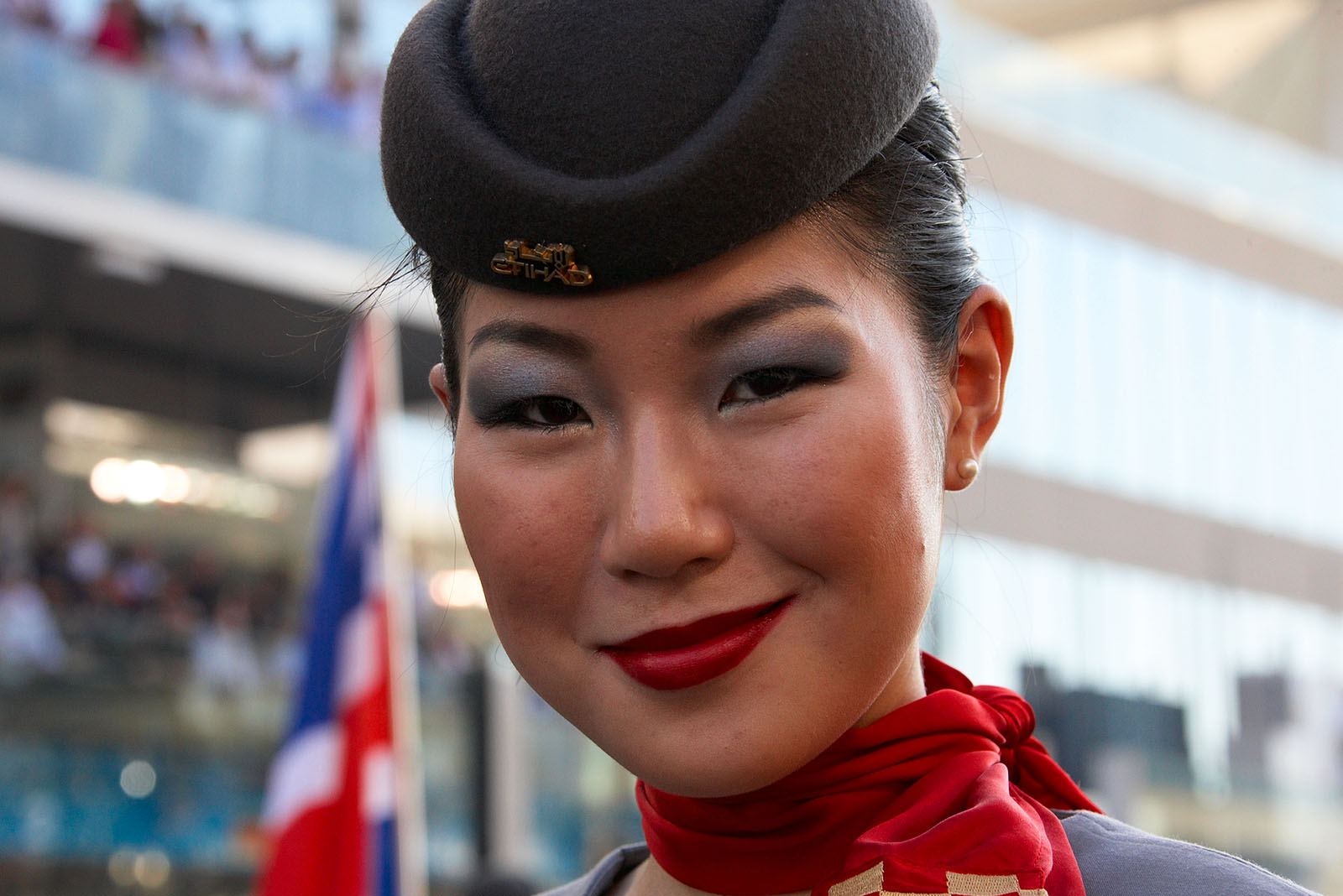 The stewardesses of the main sponsor Etihad airlines work as temporary grid girls
