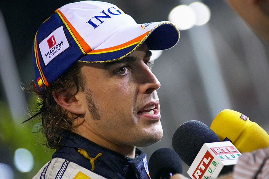 The happy winner Fernando Alonso is being interviewed after the race