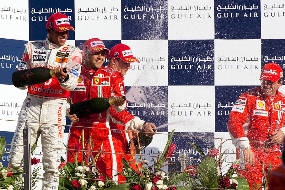 Happy champagne shower from Lewis Hamilton, Felipe Massa and Kimi Raikkonen
