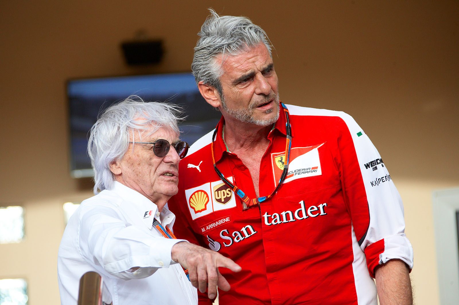 Bernie Ecclestone and Ferrari's new team principal, Maurizio Arrivabene, Bahrain Grand Prix, 2015