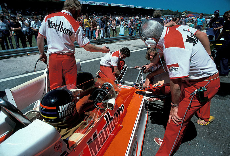 The later third placed McLaren-Cosworth of James Hunt receives a new cooler, French GP Dijon-Prenois 1977