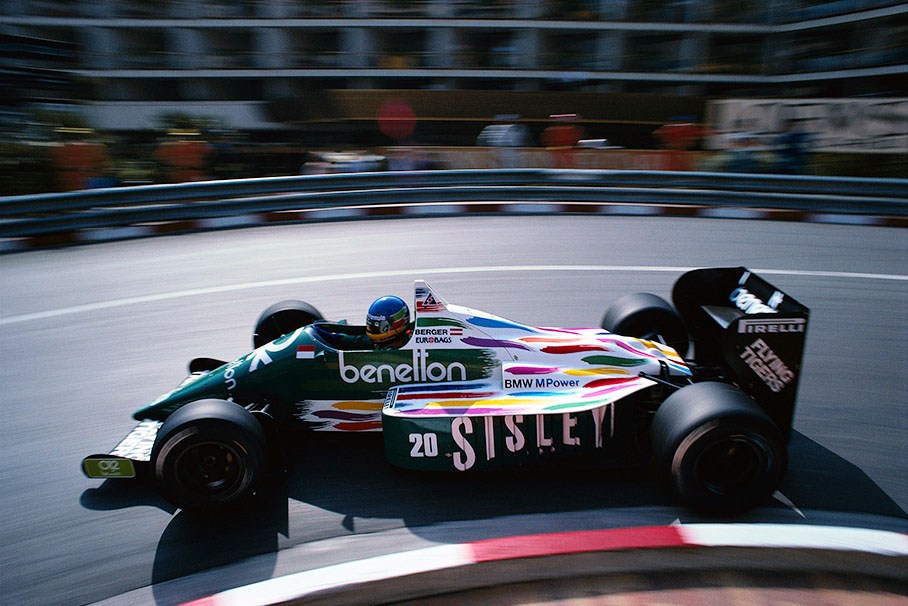 Gerhard Berger in front of Monaco's Loews Hotel on a 1.5 t/c Benetton B186-BMW 4