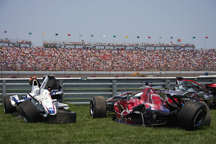 Indianapolis wreckyard display - cars of Heidfeld, Speed and Montoya