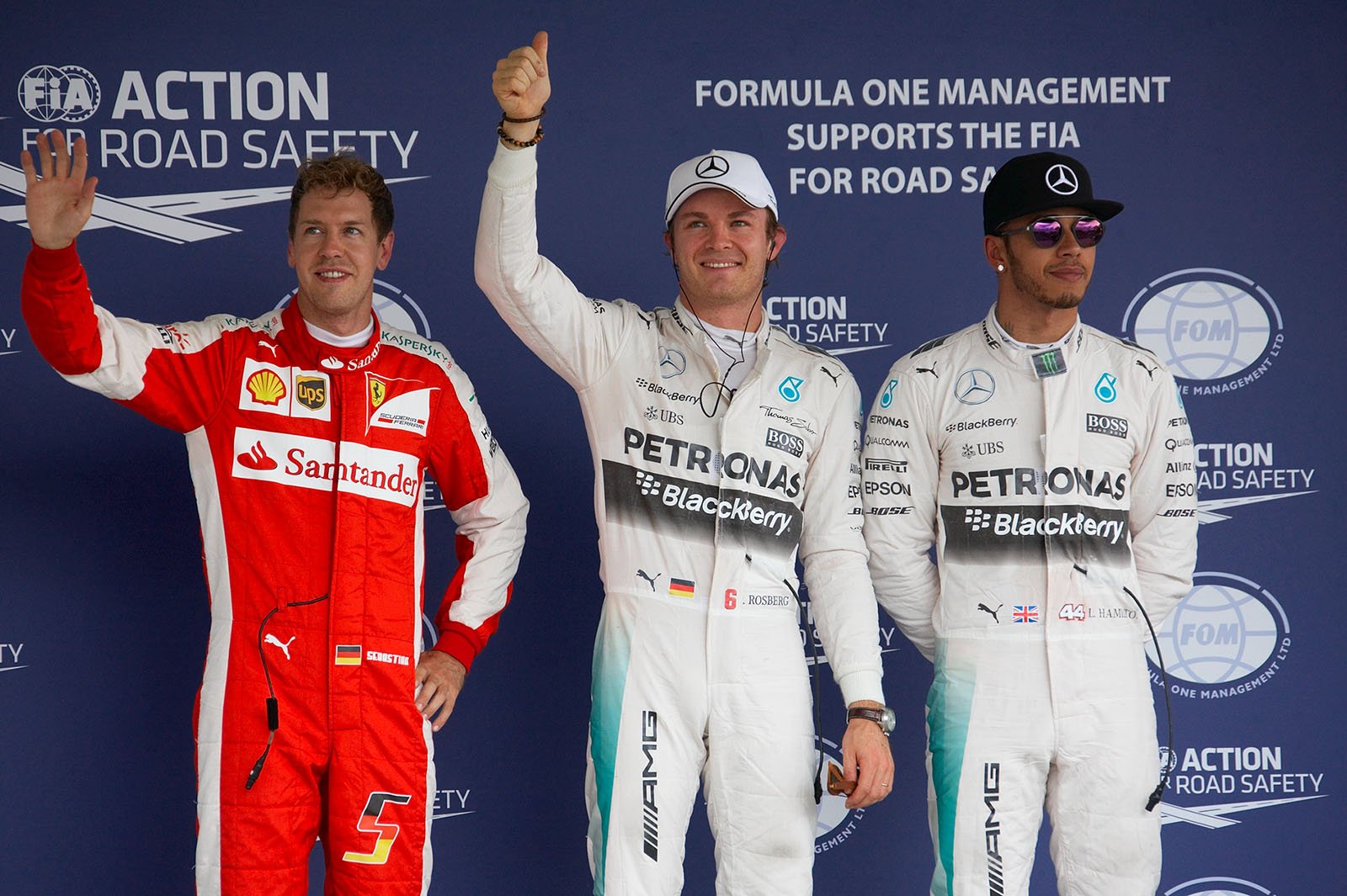 The usual top three qualifyers: While Sebastian Vettel claimes 3rd grid position in his Ferrari (on the left), pole position went this time to Nico Rosberg, with his team-mate Lewis Hamilton 2nd (right), Mexican Grand Prix, 2015