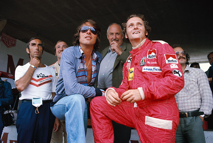 Singer Udo Juergens and local hero Niki Lauda, Austrian GP 1975