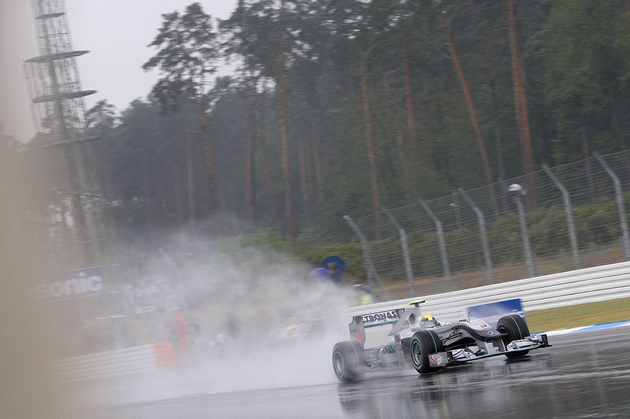Nico Rosberg, Mercedes GP, during a rainy practice session in Hockenheim