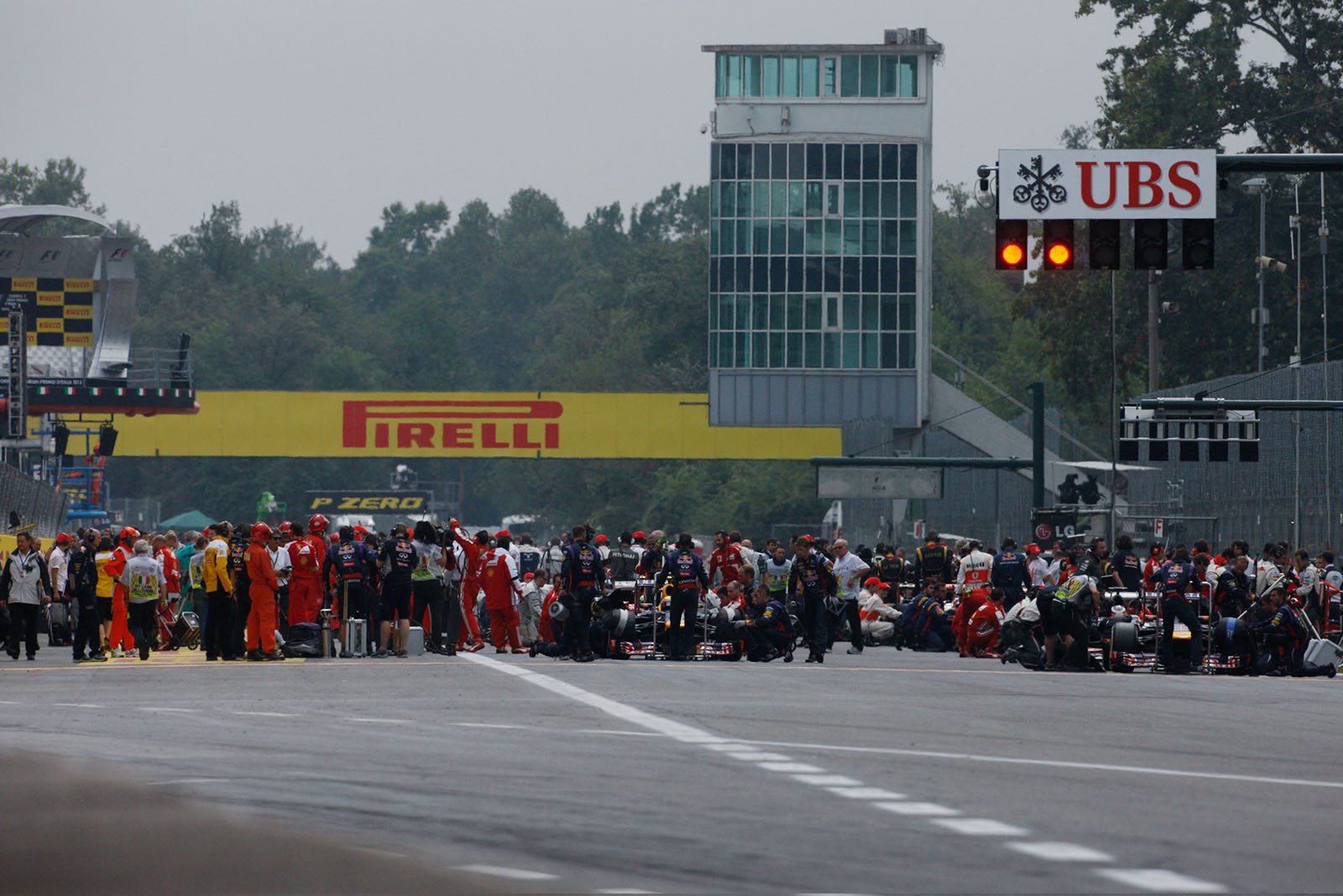 A busy grid under a dark sky