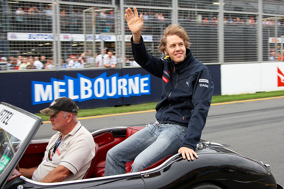 Sebastian Vettel, Red Bull Racing, waves at drivers parade